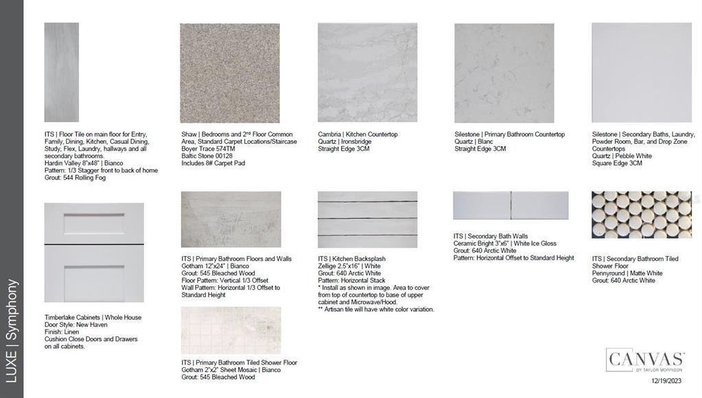 This image displays a design selection board featuring various tile, countertop, and cabinet finish samples — 30175 IMPERATI BOULEVARD, WESLEY CHAPEL, FL