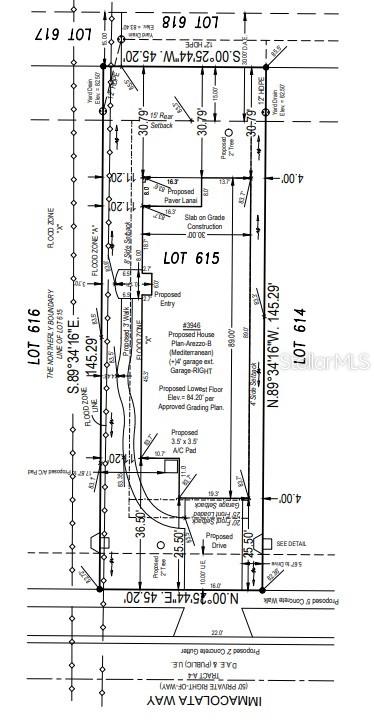 This is a site plan showing the proposed house placement and setbacks for Lot 615 — 30175 IMPERATI BOULEVARD, WESLEY CHAPEL, FL