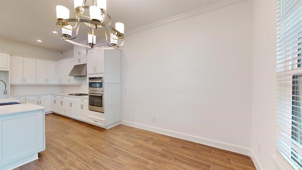A kitchen with white cabinetry, stainless steel appliances, a chandelier, and wood-look tile flooring — 30175 IMPERATI BOULEVARD, WESLEY CHAPEL, FL