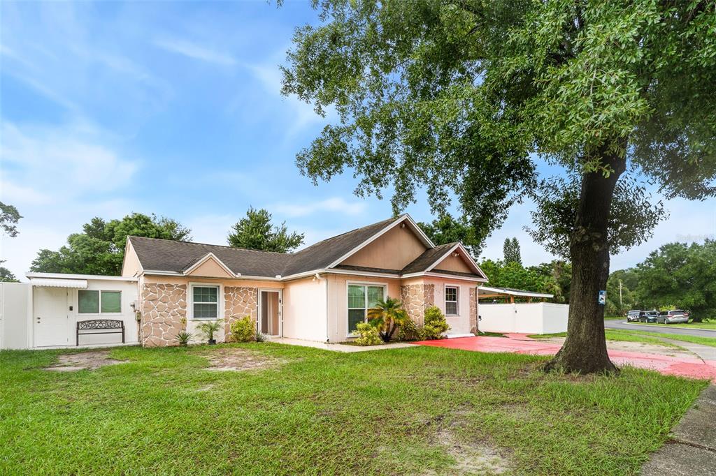A single-story house with stone accents, a red driveway, and a large tree in front — 8903 CAMINO VILLA, TAMPA, FL