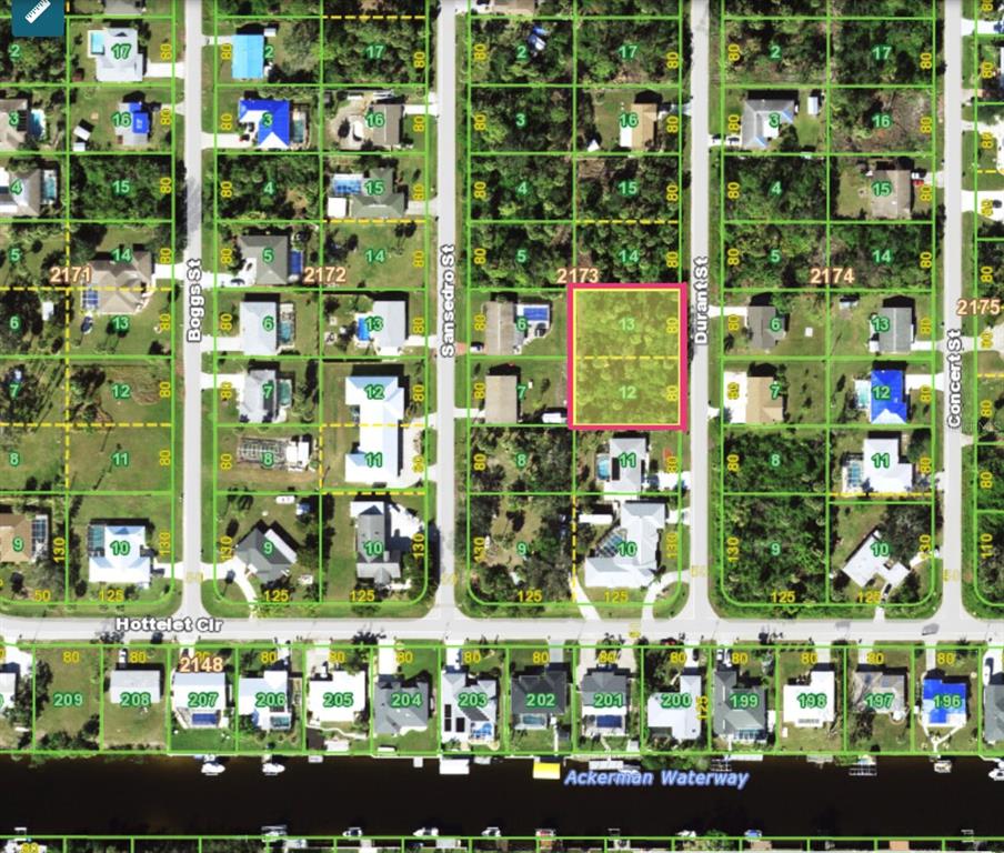 This is a map showing a residential neighborhood with a highlighted vacant lot — 4377 DURANT STREET, PORT CHARLOTTE, FL