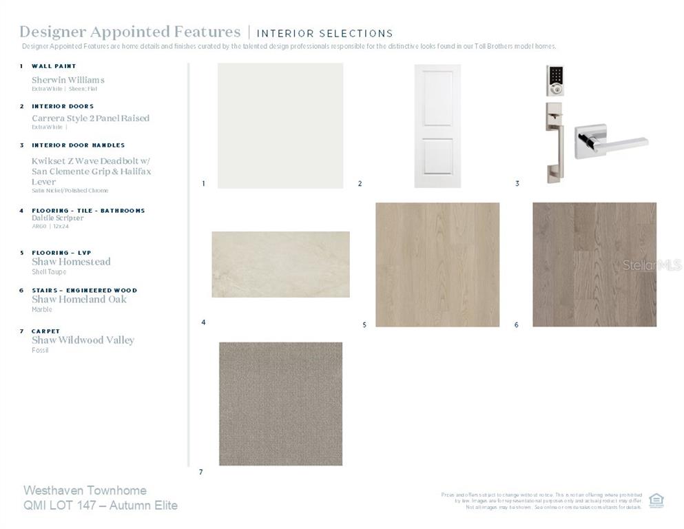 This image is a design board showing interior finish selections for a townhome — 12732 SUNSET WALK DRIVE, WINTER GARDEN, FL