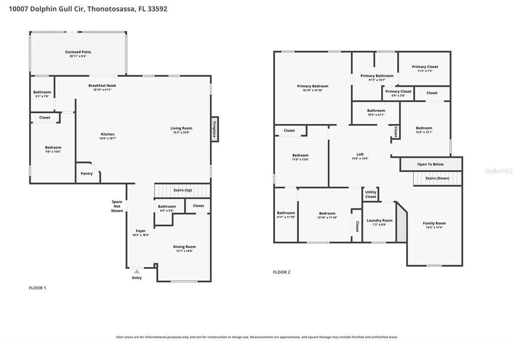 This is a floor plan showing the layout of a two-story residential home — 10007 DOLPHIN GULL CIRCLE, THONOTOSASSA, FL