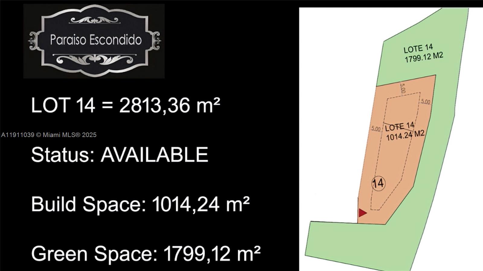 This image is a map showing the total area, build space, and green space for Lot 14 — Vereda Mampuesto Sector Garrido #14, C Colombia, C