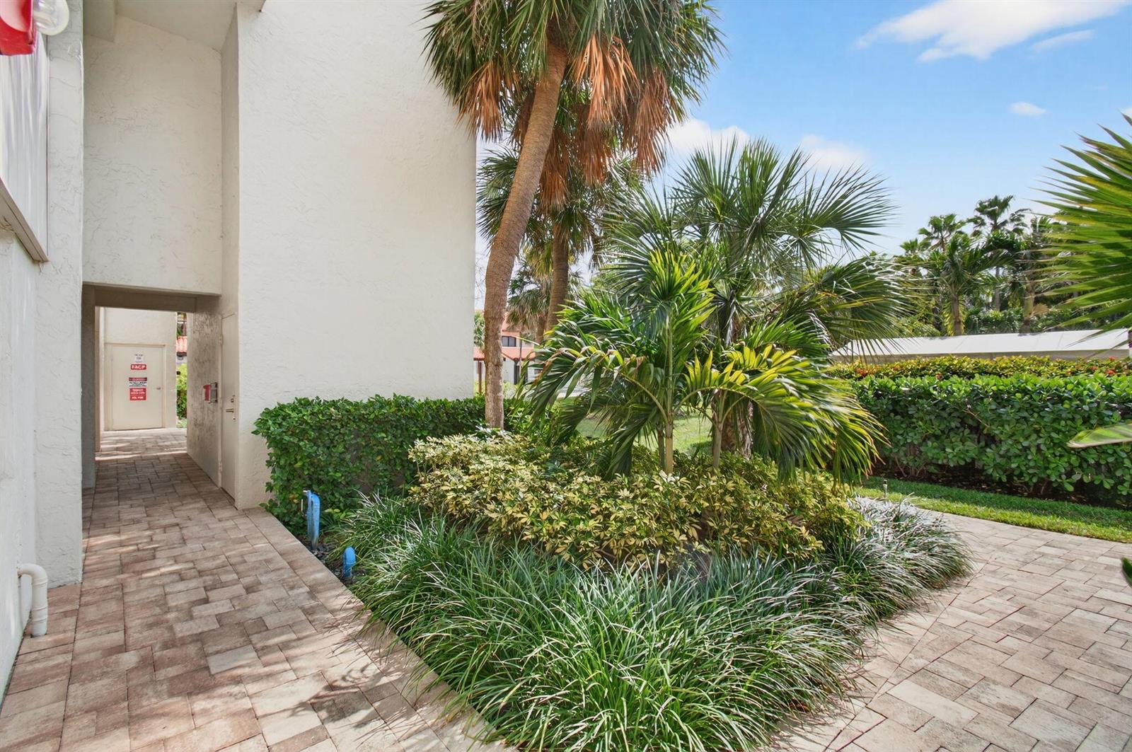 A paved walkway leads to a building entrance surrounded by palm trees and lush landscaping — 3908 S Ocean Boulevard # 127, Highland Beach FL 33487, HIGHLAND BEACH, FL