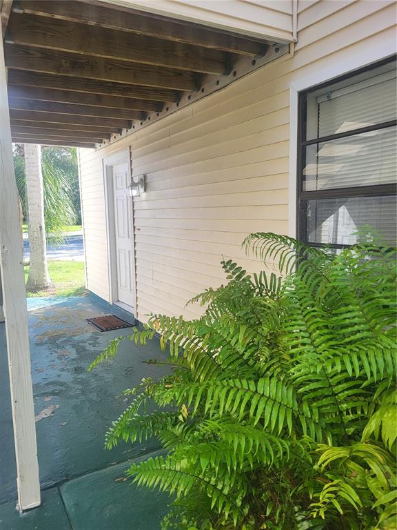 A covered porch with a green painted floor leads to a white exterior door — 140 HUNTER LAKE DRIVE UNIT F, OLDSMAR, FL