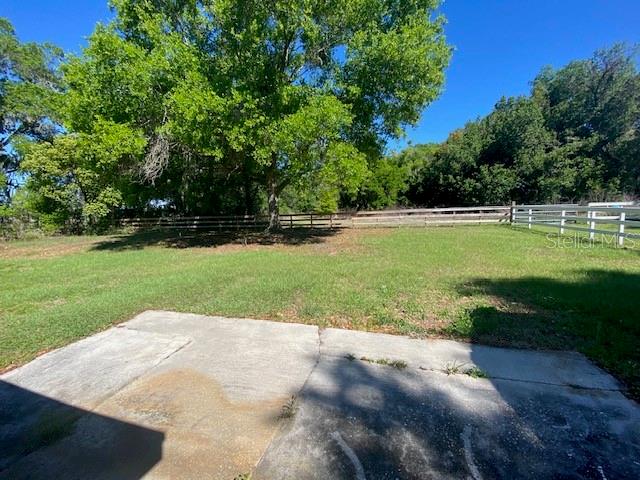 A concrete patio overlooks a grassy backyard with trees and a white wooden fence — 4316 E KNIGHTS GRIFFIN ROAD, PLANT CITY, FL