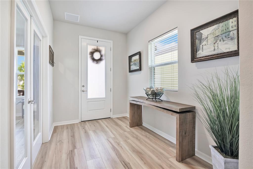A bright entryway features light wood-look flooring, a white front door, and a wooden console table — 5972 SACRED OAK AVENUE, MOUNT DORA, FL