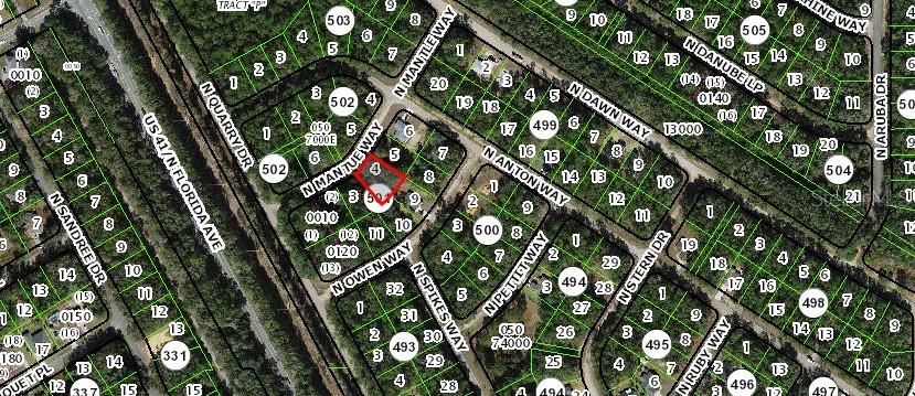 This is a satellite map showing a highlighted residential lot within a suburban neighborhood — 9125 N MANTLE WAY, DUNNELLON, FL