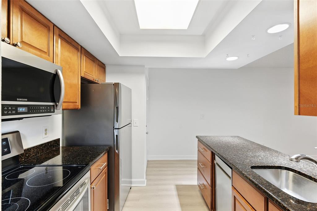 A kitchen features wooden cabinets, dark granite countertops, stainless steel appliances, and a tray ceiling — 3808 N OAK DRIVE UNIT U31, TAMPA, FL