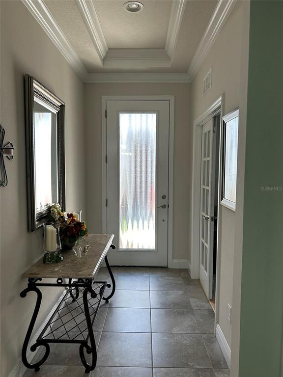 A foyer features a marble-topped console table, a decorative mirror, and a glass-paneled front door — 10647 HERON HIDEAWAY LOOP, LAND O LAKES, FL