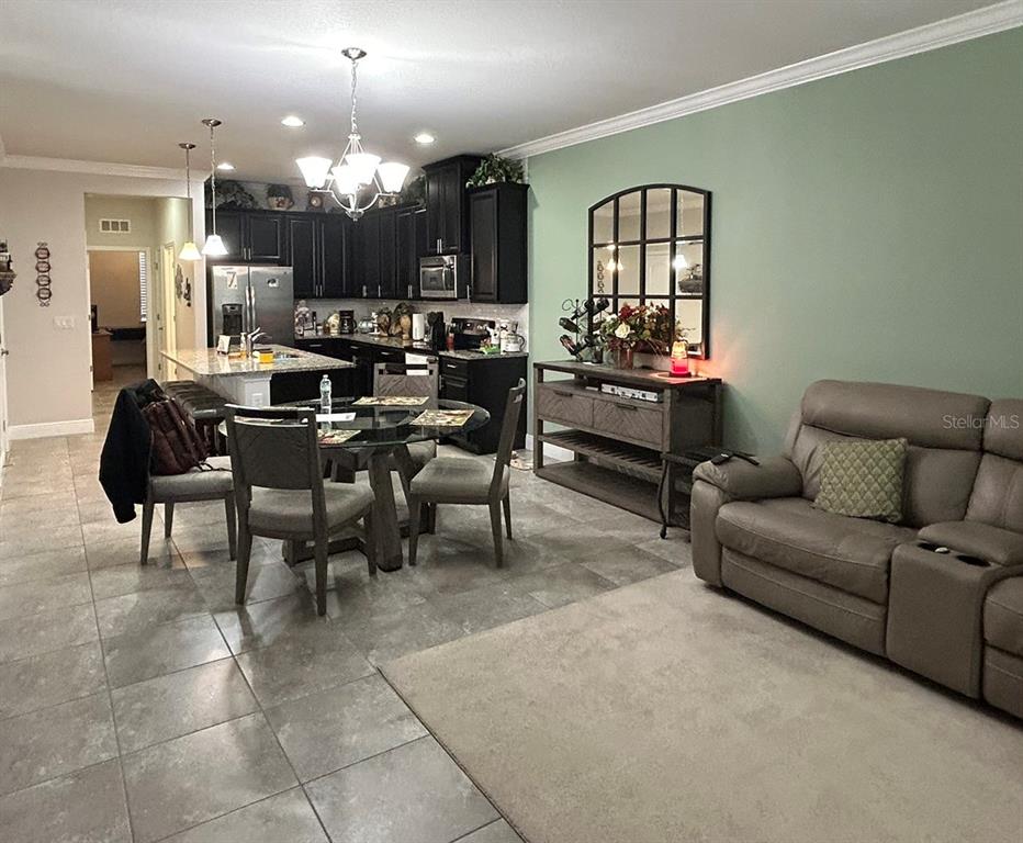 An open-concept kitchen and living area features dark cabinetry, a glass dining table, and sage-green walls — 10647 HERON HIDEAWAY LOOP, LAND O LAKES, FL
