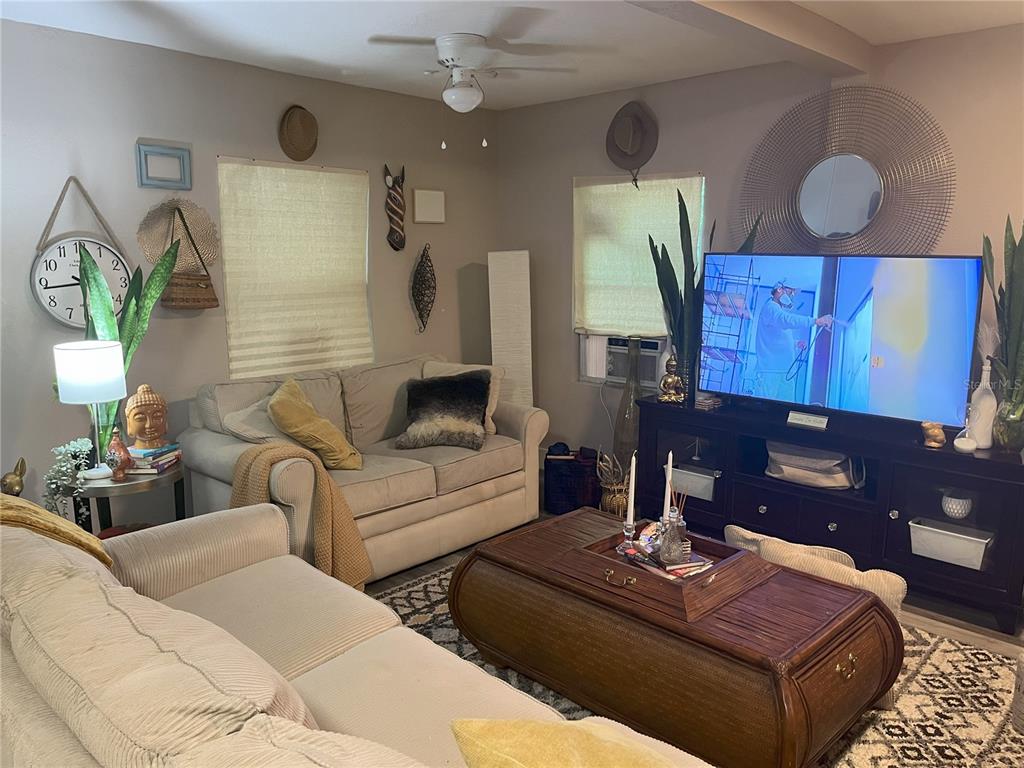 A living room features two sofas, a wooden coffee table, and a television on a stand — 1874 DOUGLAS AVENUE, CLEARWATER, FL