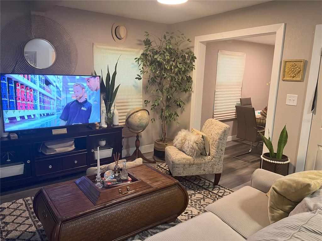 A living room features a television on a dark console, a coffee table, and an armchair — 1874 DOUGLAS AVENUE, CLEARWATER, FL