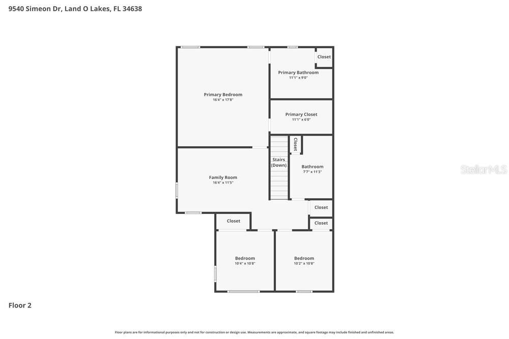 This is a floor plan for the second level of a residential home — 9540 SIMEON DRIVE, LAND O LAKES, FL