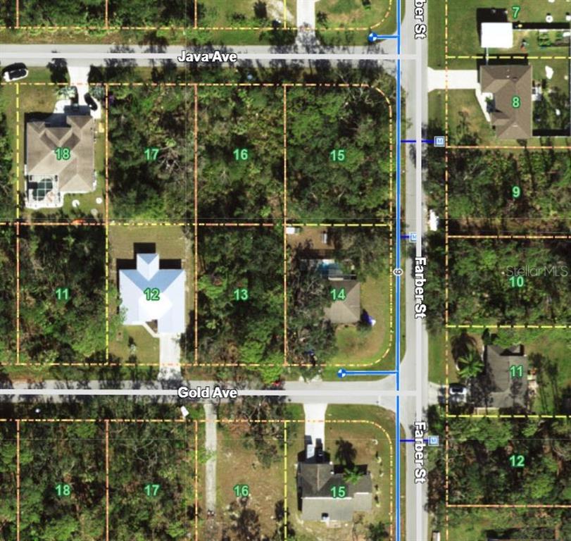 This is an aerial map showing residential lots and streets in a wooded neighborhood — 13397 GOLD AVENUE, PORT CHARLOTTE, FL