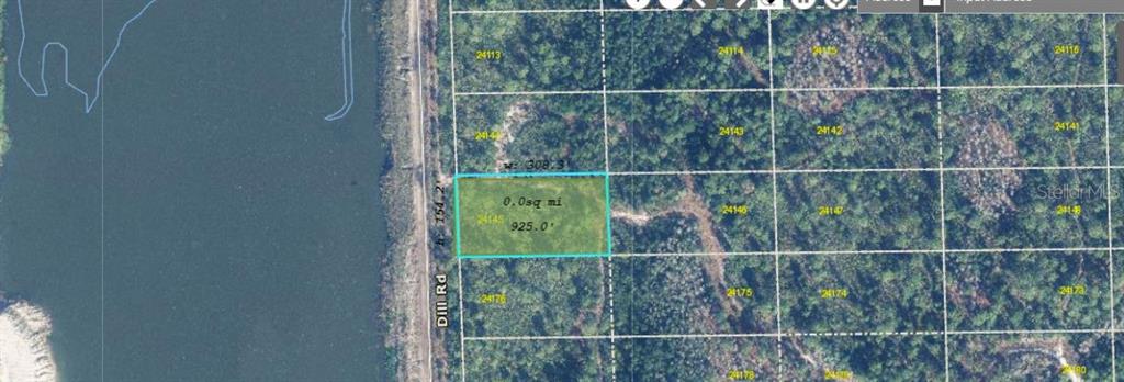 An aerial map shows a rectangular plot of land highlighted in blue next to a road — 1707 DILL ROAD, ORLANDO, FL