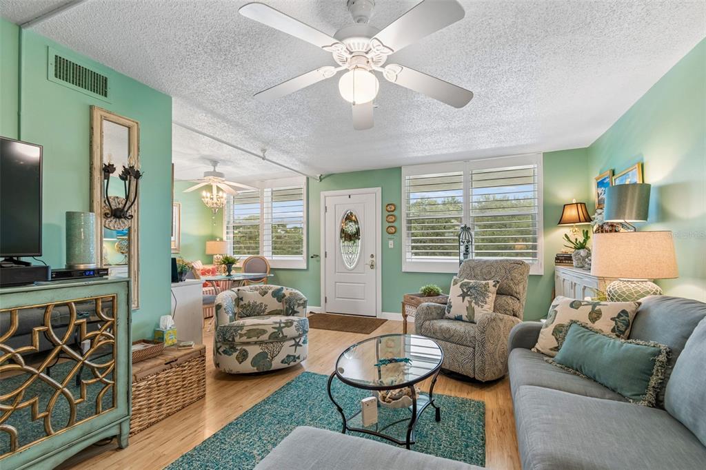 A living room features light green walls, a ceiling fan, a sofa, and a front door — 4885 1ST ST NE UNIT 307, ST PETERSBURG, FL