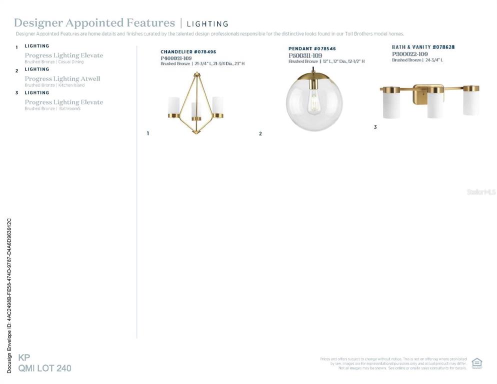 This document displays three brushed bronze lighting fixtures for a home design selection — 2882 ARBOR DUNE AVENUE, APOPKA, FL
