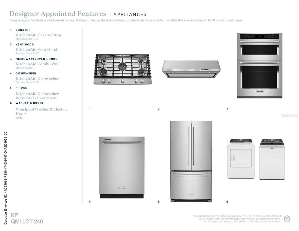 This document displays a list and images of KitchenAid and Whirlpool kitchen and laundry appliances — 2882 ARBOR DUNE AVENUE, APOPKA, FL