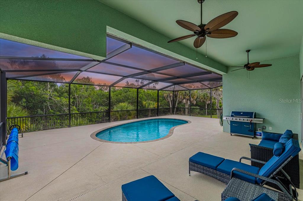 A covered patio features a kidney-shaped pool, outdoor furniture, and a ceiling fan — 16883 ACAPULCO ROAD, PUNTA GORDA, FL