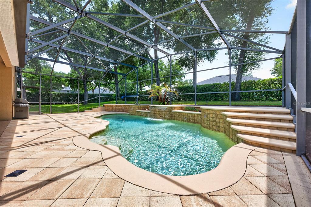 A screened-in pool area features a stone-tiled patio, a waterfall, and built-in steps — 2425 PARKSIDE MEADOW DRIVE, APOPKA, FL