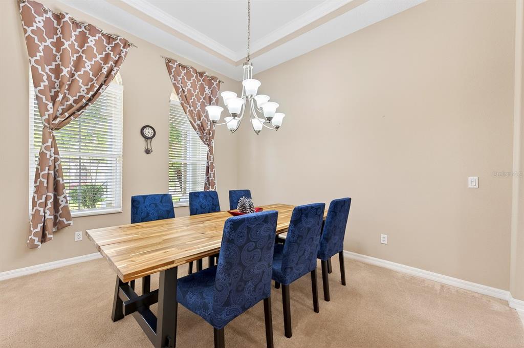 A dining room features a wooden table, blue patterned chairs, and a chandelier — 2425 PARKSIDE MEADOW DRIVE, APOPKA, FL