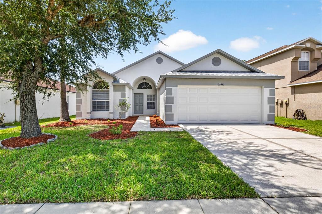 A single-story suburban house with a white stucco facade, a two-car garage, and a tree — 25442 BRUFORD BOULEVARD, LAND O LAKES, FL