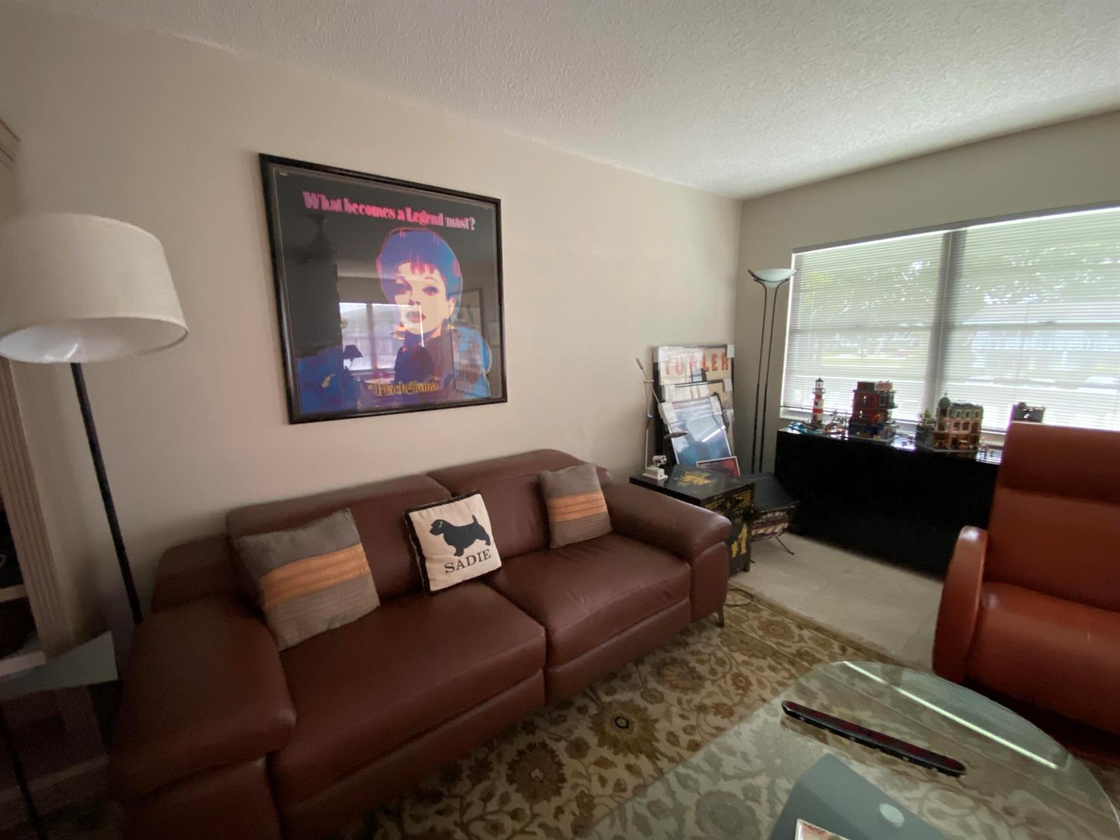A living room features a brown leather sofa, a patterned rug, and wall art — 80 Prescott D # 80, Deerfield Beach FL 33442, DEERFIELD BEACH, FL