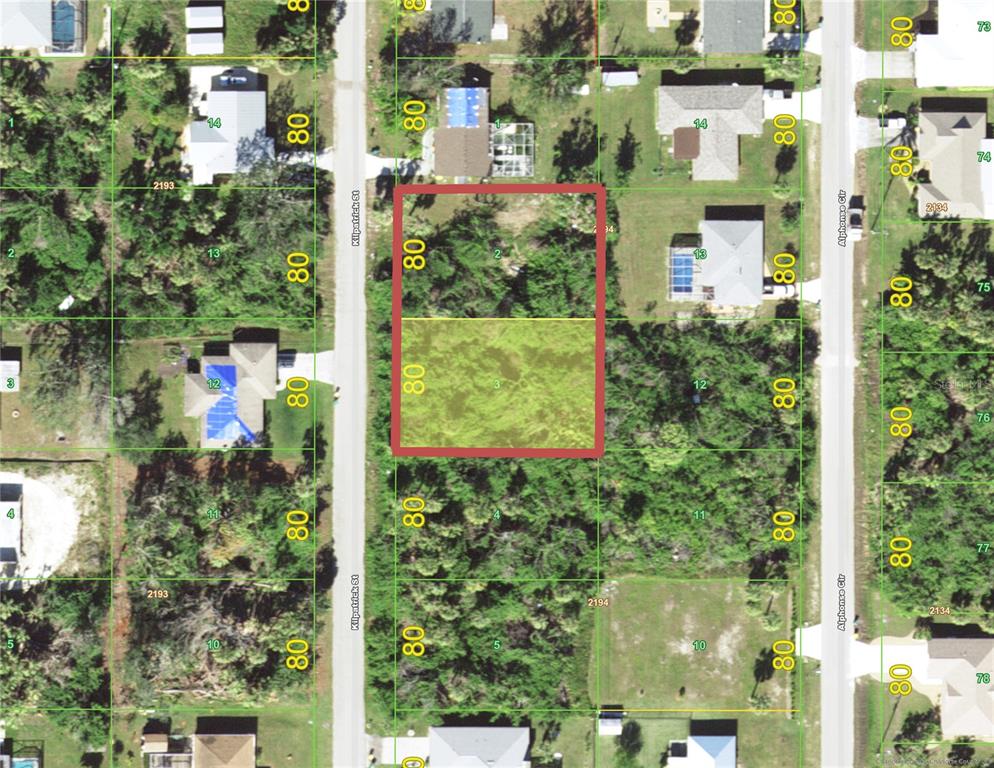 This is an aerial map showing two adjacent vacant lots highlighted in red — 4224 KILPATRICK STREET, PORT CHARLOTTE, FL