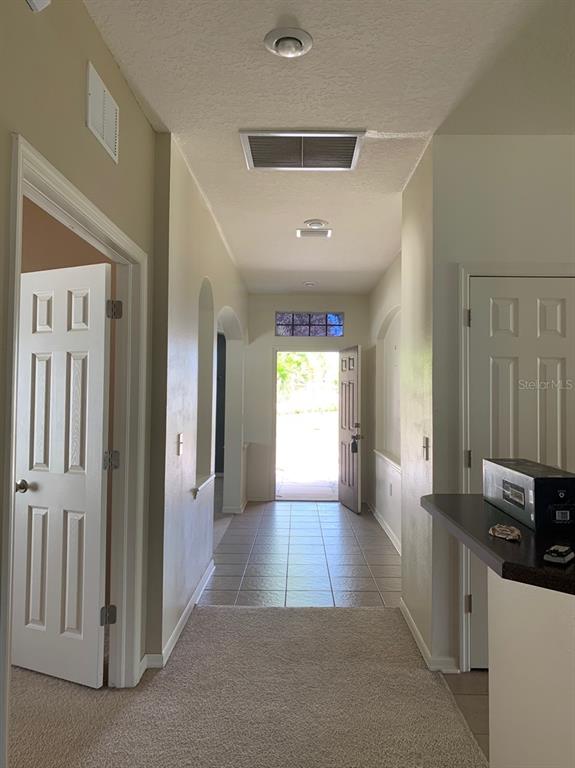 A hallway with carpeted flooring leads to a tiled entryway with an open front door — 11355 FLORA SPRINGS DRIVE, RIVERVIEW, FL