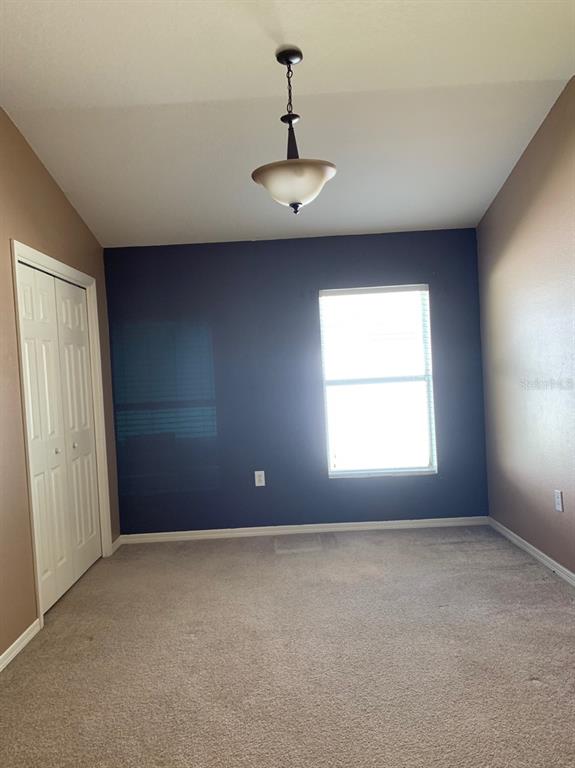 A bedroom features beige carpet, tan walls, a dark blue accent wall, and a ceiling light — 11355 FLORA SPRINGS DRIVE, RIVERVIEW, FL