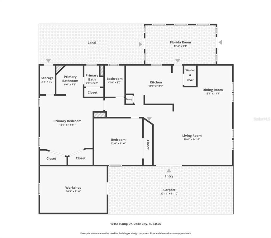 This is a floor plan of a house featuring a carport, workshop, and lanai — 10151 HAMP DRIVE, DADE CITY, FL