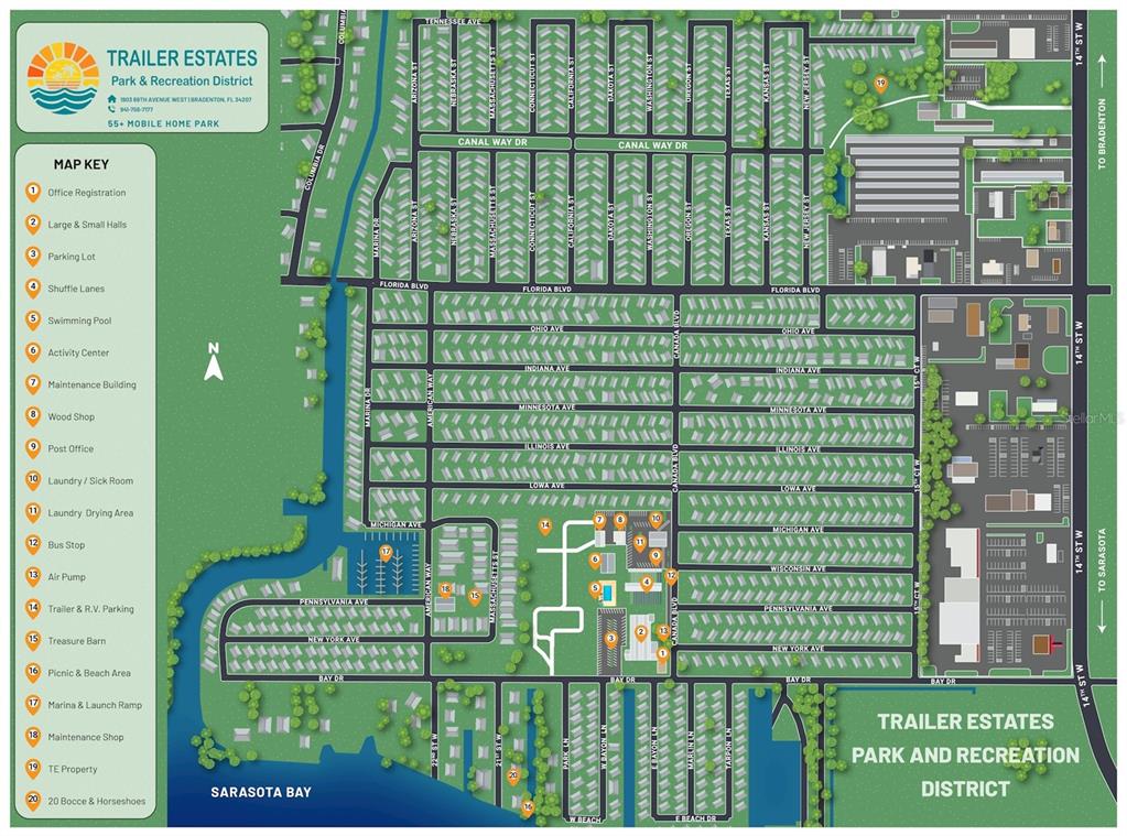 This is a map of the Trailer Estates mobile home park and recreation district — 2208 PENNSYLVANIA AVENUE, BRADENTON, FL
