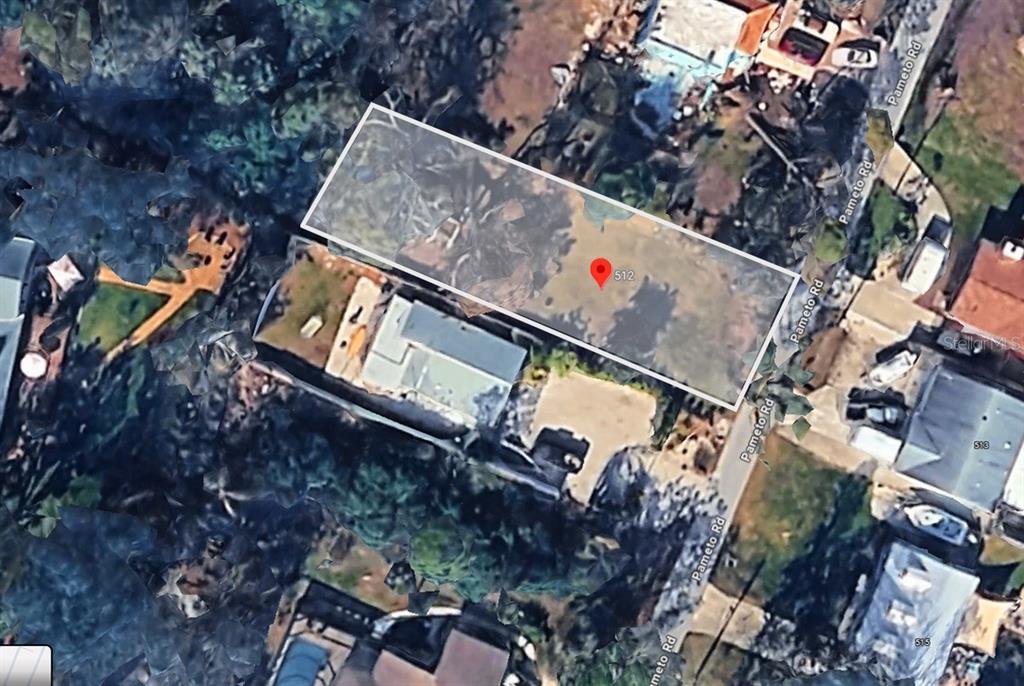 This is an aerial map view showing a rectangular property lot highlighted on a street — 516 PAMETO ROAD, NOKOMIS, FL