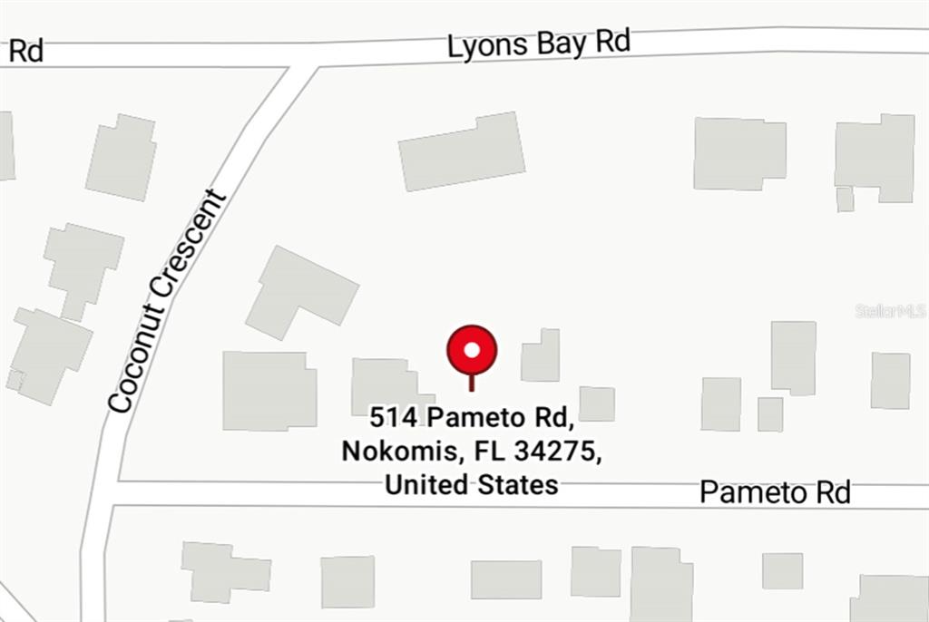 This is a map showing the location of a property on Pameto Road — 516 PAMETO ROAD, NOKOMIS, FL