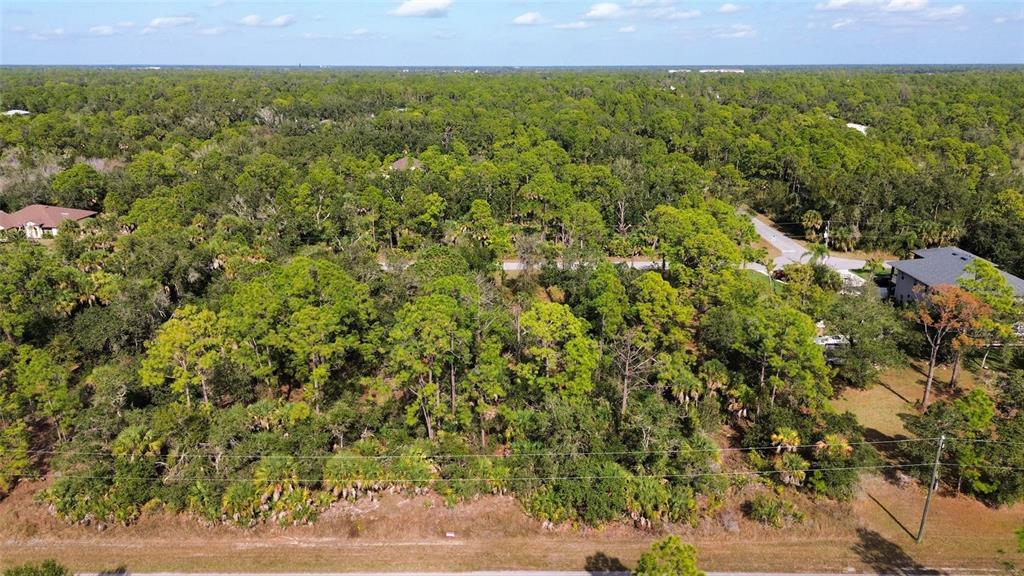 An aerial view shows a wooded residential lot with surrounding trees and nearby houses — 1615 LACE TERRACE, PORT CHARLOTTE, FL