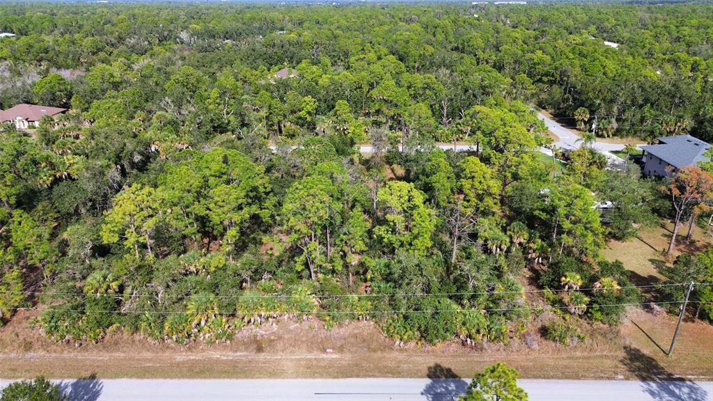 An aerial view shows a wooded, undeveloped residential lot bordered by a paved road — 1615 LACE TERRACE, PORT CHARLOTTE, FL