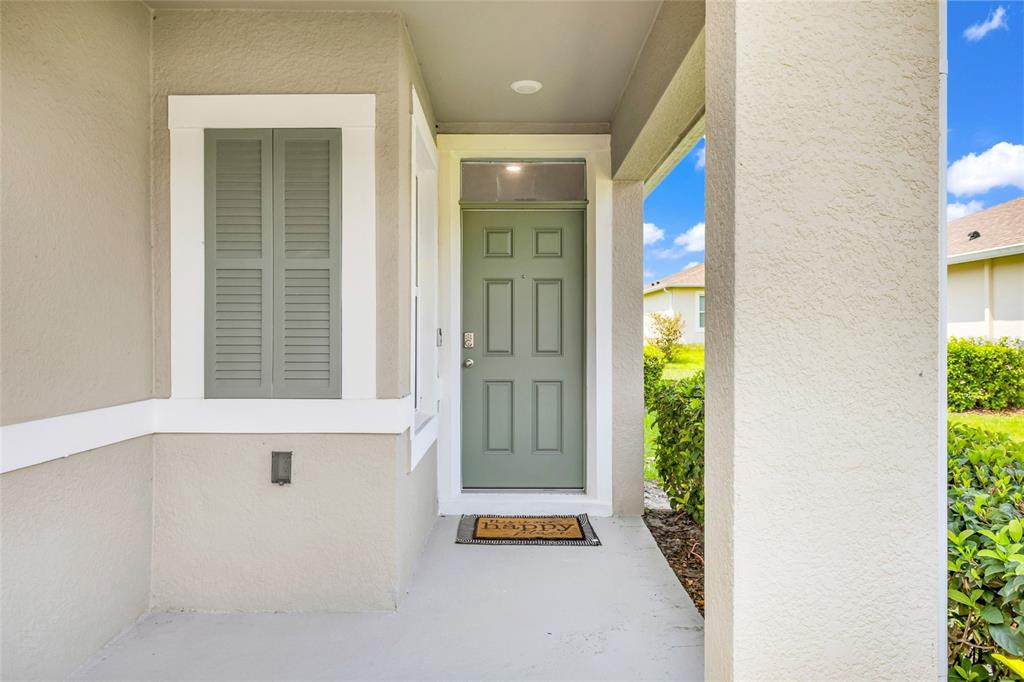 A covered entryway features a sage green front door, a shuttered window, and a welcome mat — 20010 ROYAL TERN COURT, LEESBURG, FL