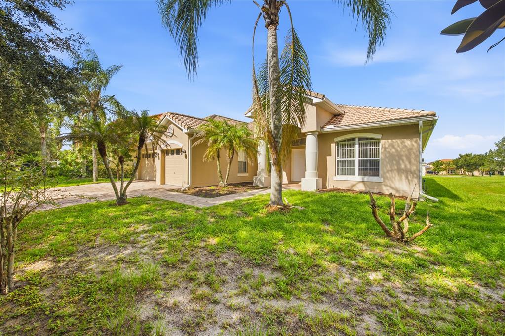 A tan, single-story house with a tiled roof, palm trees, and a paved driveway — 3905 BOWFIN TRAIL, KISSIMMEE, FL