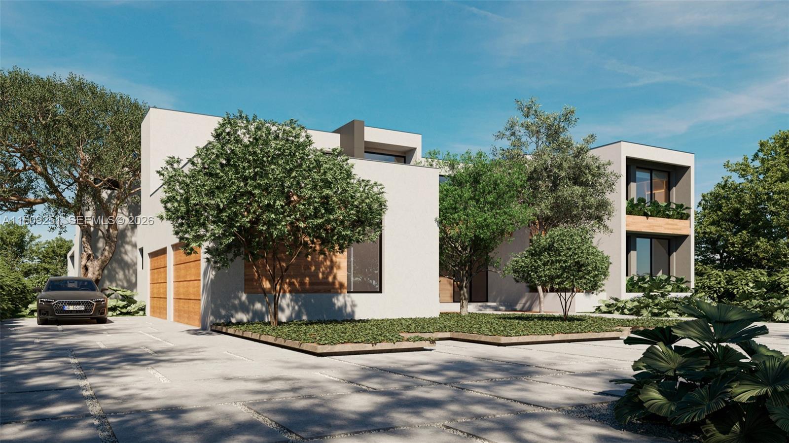 This is a rendering of a modern two-story house with a concrete driveway and landscaping — 6675 SW 96th St, Pinecrest FL 33156, PINECREST, FL