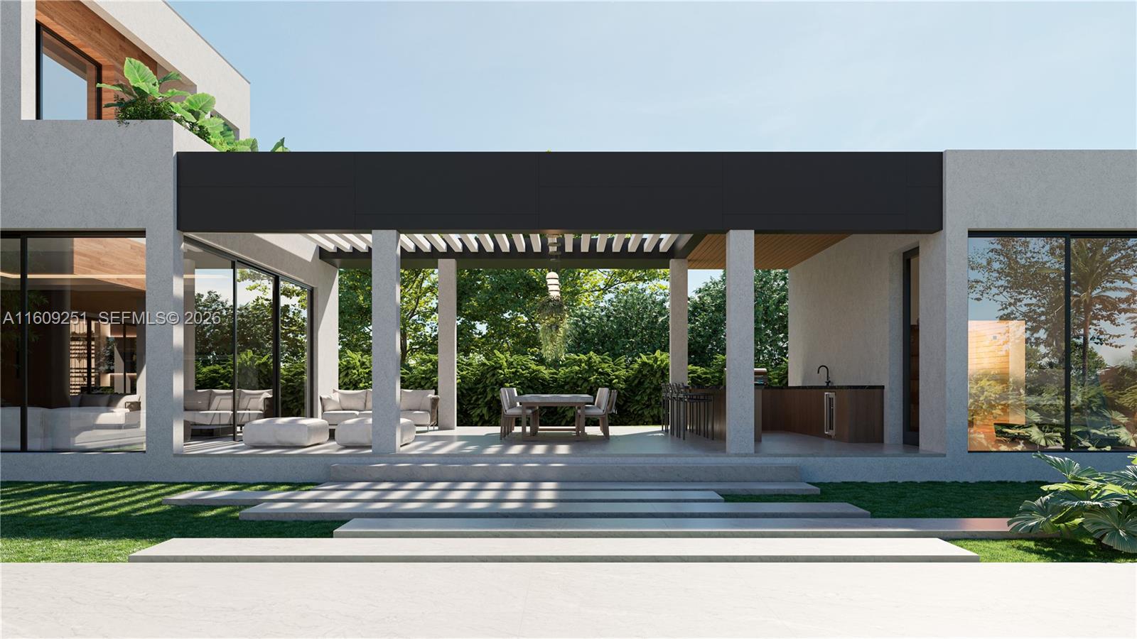 This rendering shows a modern outdoor patio with a dining area, kitchen, and lounge space — 6675 SW 96th St, Pinecrest FL 33156, PINECREST, FL