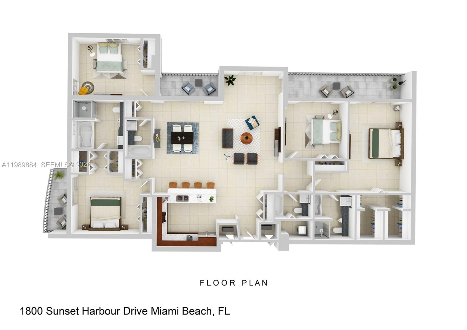 This is a 3D floor plan of a multi-bedroom apartment with a large central living area — 1800 Sunset Harbour Dr, Miami Beach FL 33139, MIAMI BEACH, FL