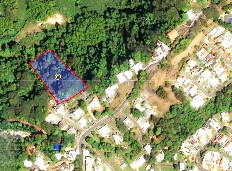 An aerial view shows a rectangular plot of land highlighted in red within a wooded area — BARRIO CACAO, CAROLINA, PR