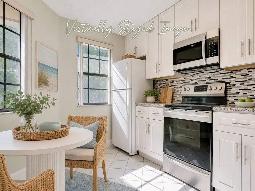 This is a virtually staged image of a kitchen with white cabinets and stainless appliances — 6698 Montego Bay Boulevard # D, Boca Raton FL 33433, BOCA RATON, FL