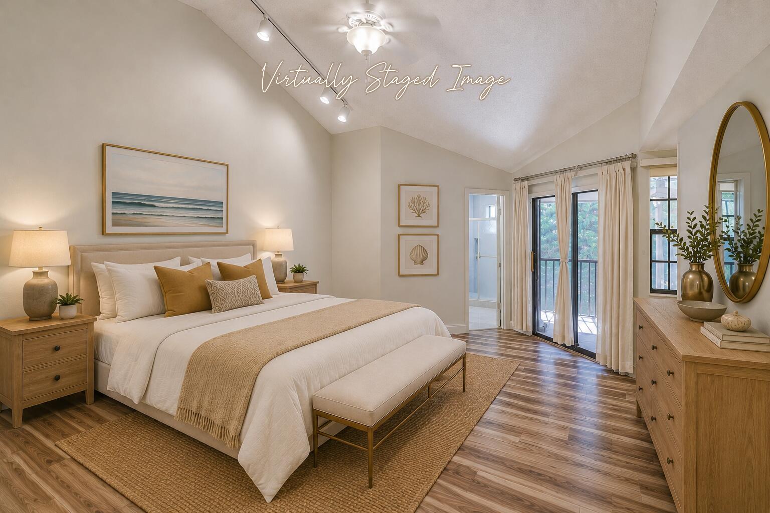 This is a virtually staged bedroom with a vaulted ceiling, wood flooring, and a balcony — 6698 Montego Bay Boulevard # D, Boca Raton FL 33433, BOCA RATON, FL