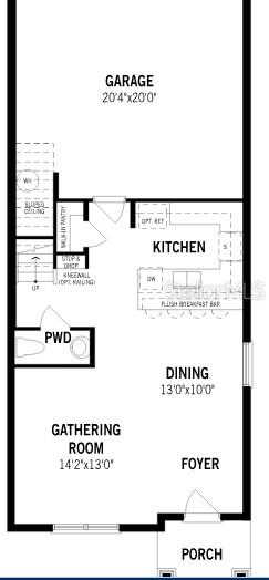 This is a floor plan of a home's main level featuring a garage, kitchen, and gathering room — 5100 GREENSHADE GROVE AVENUE, APOPKA, FL