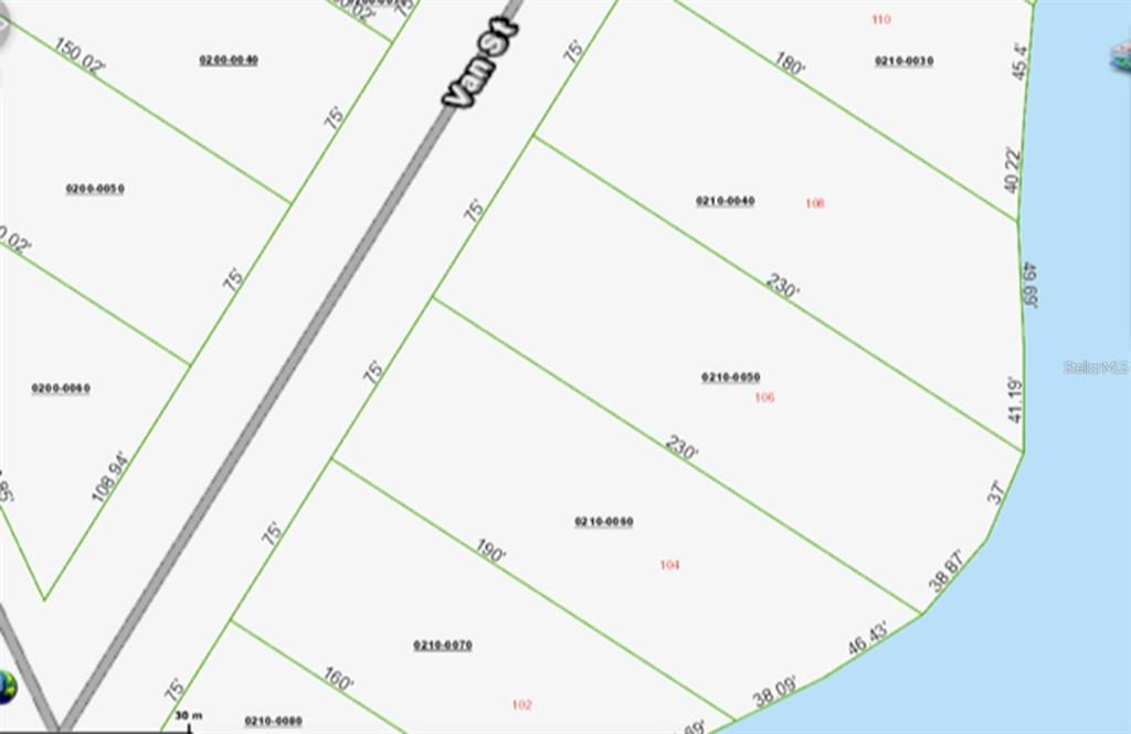 This is a property tax map showing parcel boundaries and dimensions along Van St — 106 VAN STREET, INTERLACHEN, FL