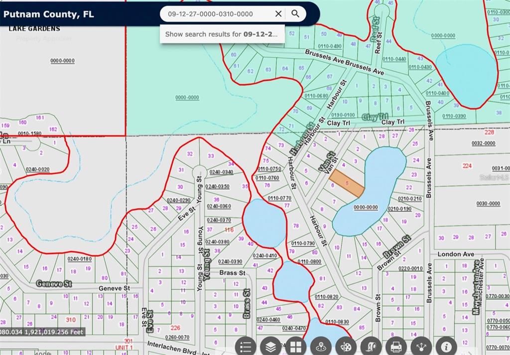 This is a digital map showing property parcel boundaries and street names in Putnam County — 106 VAN STREET, INTERLACHEN, FL