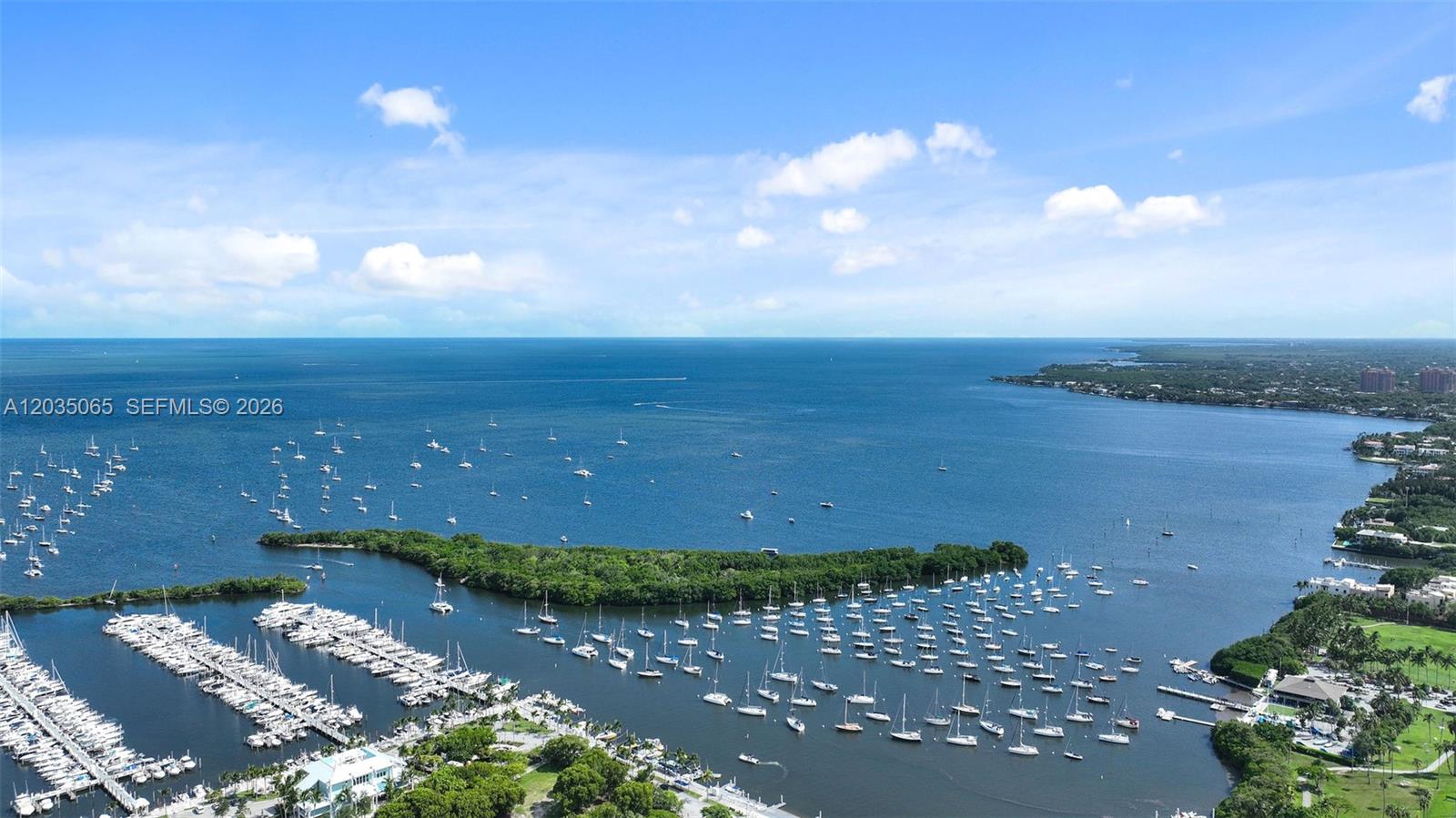 An aerial view shows a large marina filled with boats next to a wooded island — 2678 Tigertail Ave # 1705, Miami FL 33133, MIAMI, FL